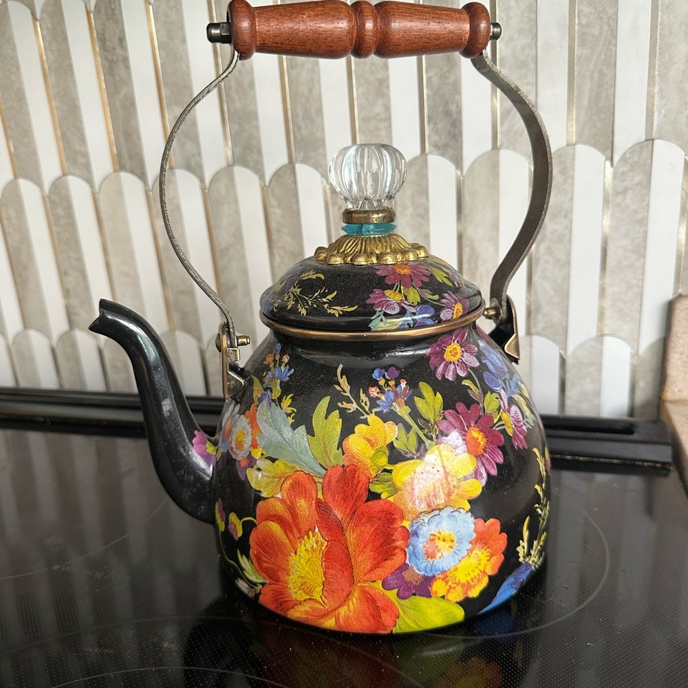 MacKenzie-Childs Black Floral Teapot Kettle with Wood Handle
